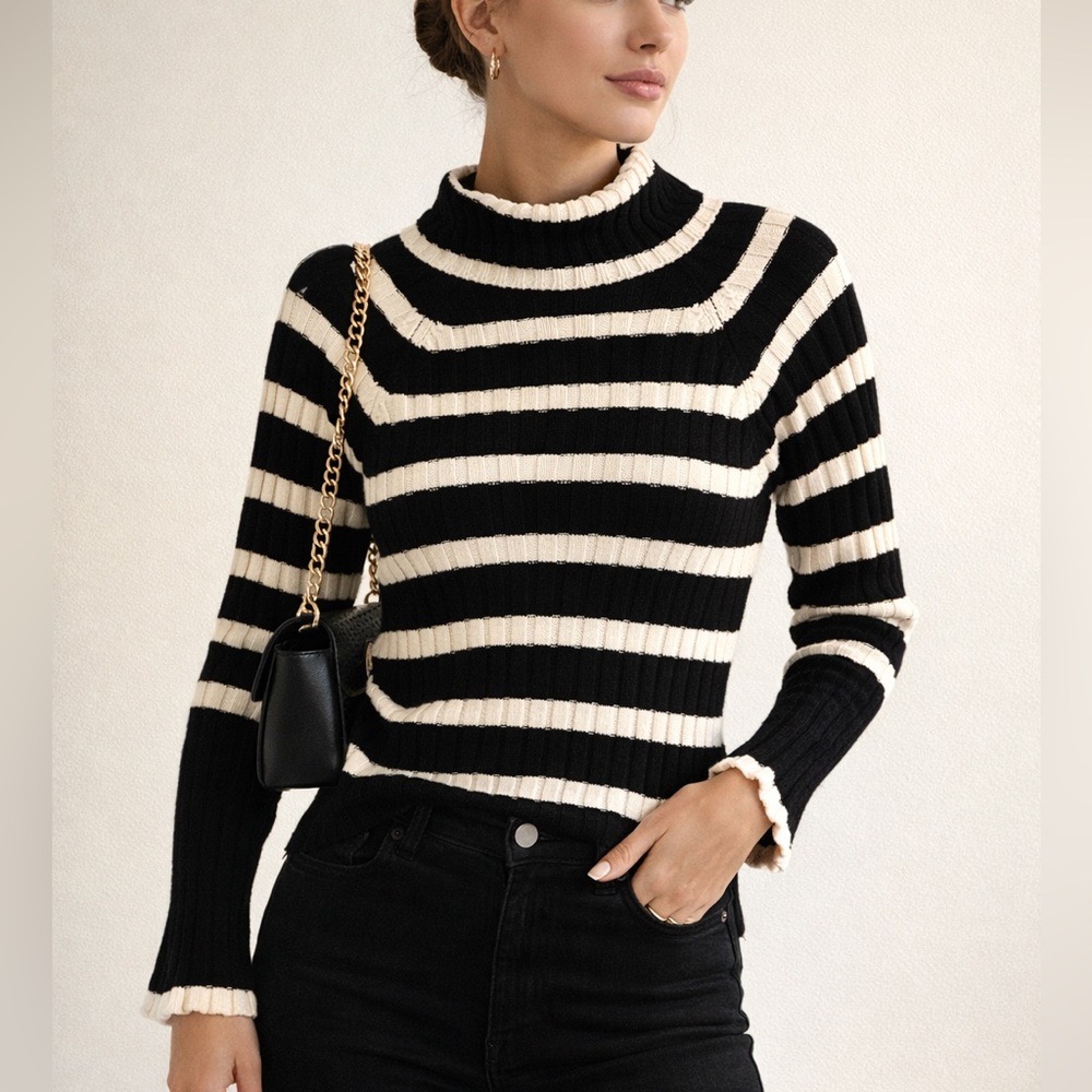 Altar’d State Ribbed Striped Mock Neck Sweater Black Cream Preppy Coastal M - Picture 9 of 9
